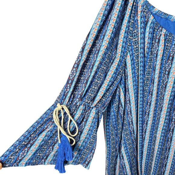 Bohemian Inspired Off-Shoulder Dress With Tassel Accents Size 2X Blue & White Pa - Picture 3 of 4